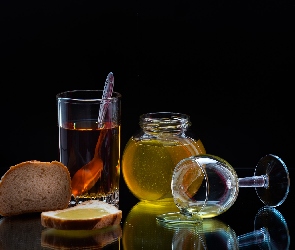 Czarne, Chleb, Herbata, Tło, Miód, Szklanka, Kieliszek