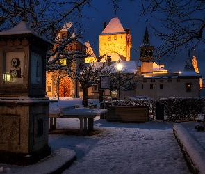 Szwajcaria, Kanton Berno, Oświetlony, Zima, Zamek Oberhofen, Oberhofen am Thunersee