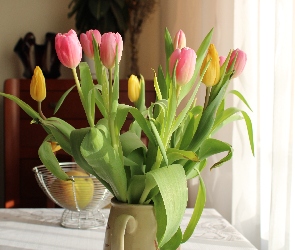 Dzbanek, Tulipany, Różowe, Żółte