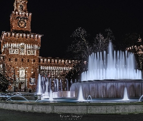 Plac Piazza Castello, Włochy, Mediolan, Zamek Sforzów, Fontanna