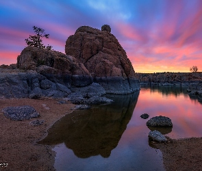 Wschód słońca, Jezioro, Arizona, Skały, Prescott, Watson Lake