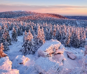 Wschód słońca, Skały, Góry, Zima, Ośnieżone, Drzewa