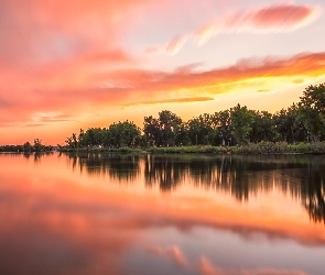 Lake Chatfield, Jezioro, Stany Zjednoczone, Drzewa, Odbicie, Kolorado, Wschód słońca