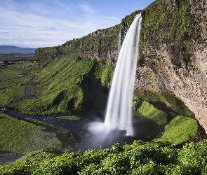 Islandia, Wodospad Seljalandsfoss, Skała, Łąki