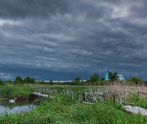 Niebo, Łąka, Zachmurzone, Kościół, Łabędzie, Cerkiew, Mostek, Staw