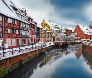 Francja, Colmar, Domy, Zima, Rzeka, La Lauch River