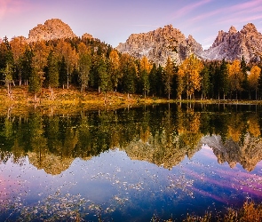 Góry, Jesień, Antorno Lake, Jezioro, Włochy, Las, Drzewa, Prowincja Belluno, Dolomity