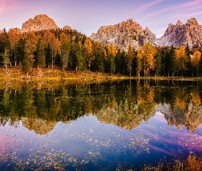 Góry, Jesień, Antorno Lake, Jezioro, Włochy, Las, Drzewa, Prowincja Belluno, Dolomity