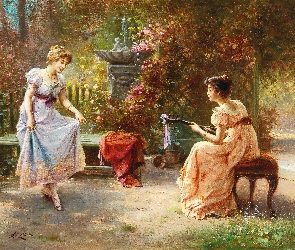 Ławka, Ogród, Obraz, Malarstwo, Hans Zatzka, Kobiety