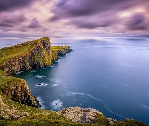 Klif, Wyspa Skye, Wybrzeże, Morze Szkockie, Szkocja, Neist Point Lighthouse, Latarnia morska, Półwysep Duirinish, Skały