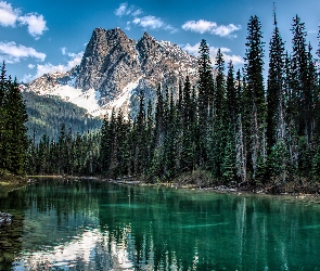 Kanada, Jezioro, Drzewa, Emerald Lake, Park Narodowy Yoho, Lasy, Kamienie, Obłoki, Kolumbia Brytyjska, Góry