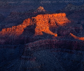 Park Narodowy Wielkiego Kanionu, Arizona, Grand Canyon, Stany Zjednoczone, Wschód słońca, Wielki Kanion Kolorado, Rozświetlone, Skały, Góry