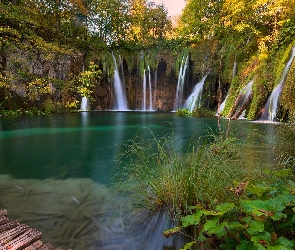Wodospad, Jezioro, Chorwacja, Drzewa, Rośliny, Park Narodowy Jezior Plitwickich