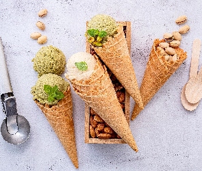 Łyżeczki, Migdały, Wafelki, Lody, Rożki, Pistacje