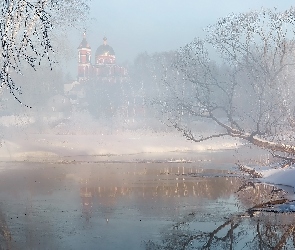 Zima, Śnieg, Cerkiew, Rzeka, Drzewa, Mgła