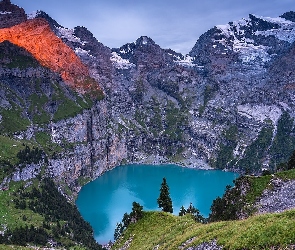Drzewa, Jezioro Oeschinen, Góry, Roślinność, Kanton Berno, Szwajcaria, Alpy Berneńskie