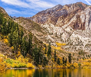 Jezioro, Góry, Jesień, Stany Zjednoczone, Drzewa, Convict Lake, Kalifornia, Sierra Nevada