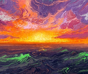 Chmury, Zachód słońca, Fale, Morze, Grafika