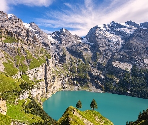 Alpy Berneńskie, Kanton Berno, Szwajcaria, Roślinność, Oeschinen Lake, Jezioro, Drzewa, Góry