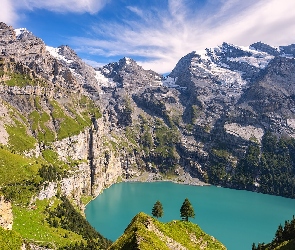 Kanton Berno, Jezioro, Szwajcaria, Alpy Berneńskie, Drzewa, Góry, Roślinność, Oeschinen Lake