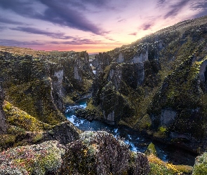 Wschód słońca, Islandia, Kanion Fjadrargljufur, Rzeka Fjadra, Góry