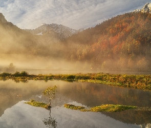 Góry, Drzewa, Mgła, Jezioro, Jesień