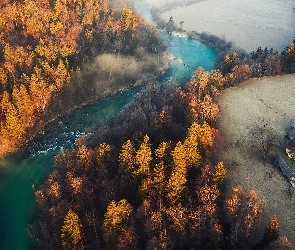 Jesień, Z lotu ptaka, Polana, Słowenia, Domy, Drzewa, Rzeka Sava, Mgła, Pożółkłe