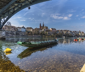 Most, Miasto, Domy, Łódki, Rzeka