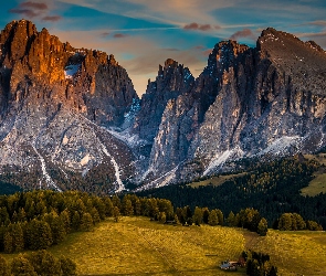 Dolomity, Góry Sassolungo, Włochy, Dolina Val Gardena, Drzewa, Płaskowyż Seiser Alm