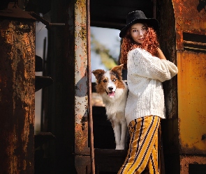 Kapelusz, Dziewczyna, Wagon, Stary, Pies, Border collie