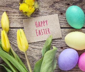 Kolorowe, Kwiaty, Wielkanoc, Happy Easter, Kurczaki, Pisanki, Napis, Tulipany