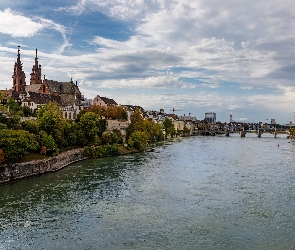 Szwajcaria, Bazylea, Most, Domy, Kościół, Rzeka Ren