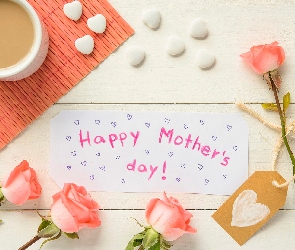 Róże, Napis, Kawa, Kartka, Deski, Serduszka, Dzień Matki, Happy Mothers Day