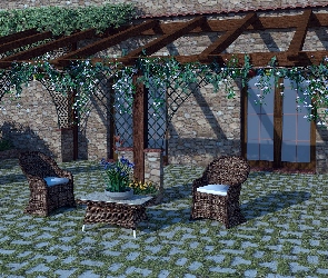 Stolik, Fotele, Ogród, 2D, Kwiaty, Dom, Pergola