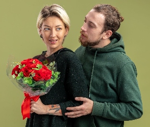 Mężczyzna, Zielona, Kobieta, Bukiet, Bluza, Tło, Blondynka, Zielone, Róże, Sukienka, Kwiaty