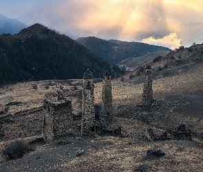 Ruiny, Kaukaz, Góry, Rosja, Erzi, Wieże obronne, Republika Inguszetii, Budowle