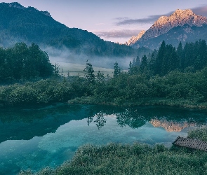 Słowenia, Drewniany, Lasy, Pomost, Mgła, Góry, Kranjska Gora, Rezerwat przyrody Zelenci, Jezioro Zelenci