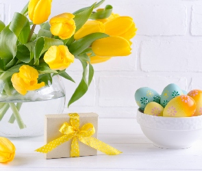 Wielkanoc, Pisanki, Tulipany, Prezent, Żółte