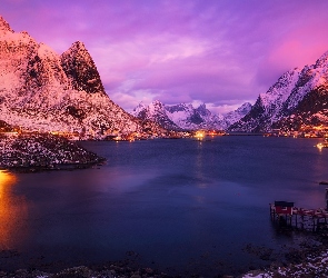 Lofoty, Domy, Norwegia, Morze Norweskie, Wioska Reine, Góry, Zima, Świała