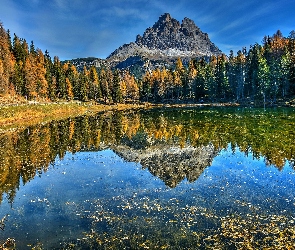 Włochy, Kamienie, Antorno Lake, Odbicie, Drzewa, Jezioro, Góry, Dolomity, Jesień