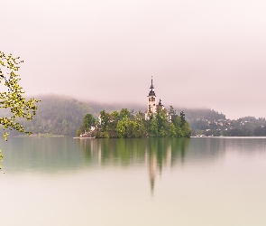 Kościół Zwiastowania Marii Panny, Blejski Otok, Jezioro, Gałęzie, Wyspa, Słowenia, Bled