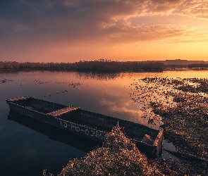 Szuwary, Łódka, Zachód słońca, Rzeka