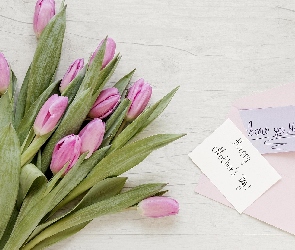 Różowe, Dzień Matki, Kartka, Życzenia, Tulipany