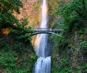 Wodospad, Hrabstwo Multnomah, Zieleń, Stany Zjednoczone, Oregon, Most, Multnomah Falls, Skały, Drzewa