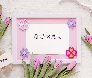Napis, Ramka, Tulipany, Dzień Matki, Różowa, Kwiaty, Prezent