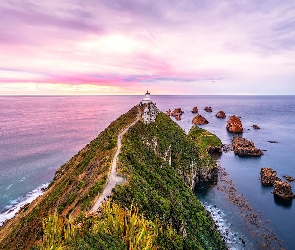 Otago, Skały, Latarnia morska, Nowa Zelandia, Ścieżka, Morze, Nugget Point Lighthouse