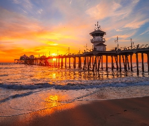 Morze, Kalifornia, Zachód słońca, Stany Zjednoczone, Huntington Beach, Huntington Beach Pier, Fale, Plaża, Molo