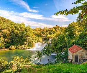 Rzeka Krka, Drzewa, Dom, Las, Dalmacja, Wodospad, Chorwacja, Park Narodowy Krka