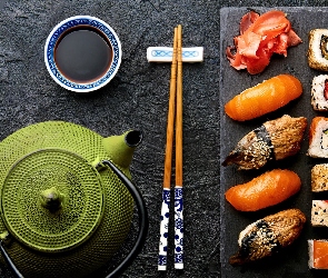 Czajnik, Pałeczki, Sushi, Łosoś