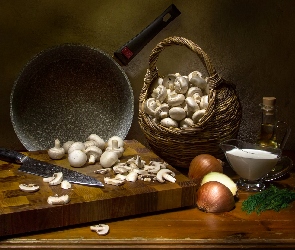 Kosz, Oliwa, Cebula, Kompozycja, Koperek, Patelnia, Pieczarki, Deska, Nóż